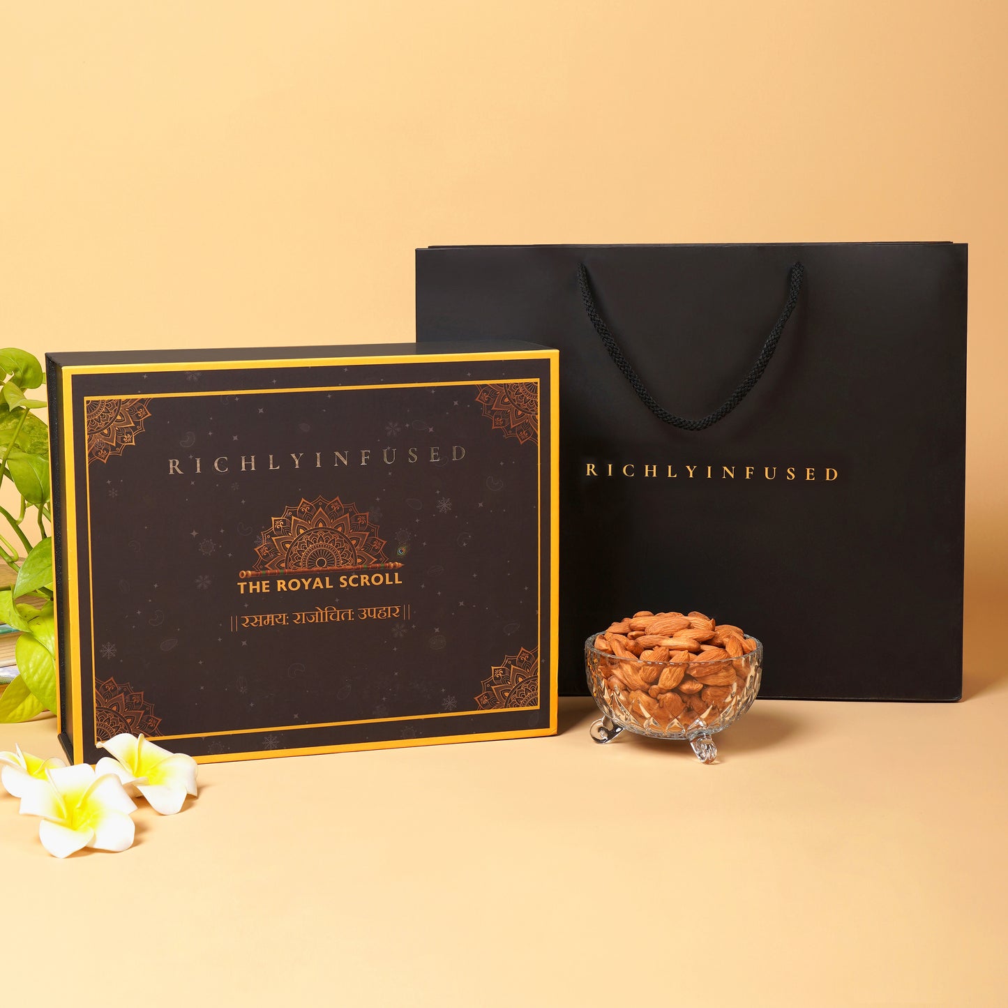 Richly Infused packaging with a bowl of almonds on a beige background