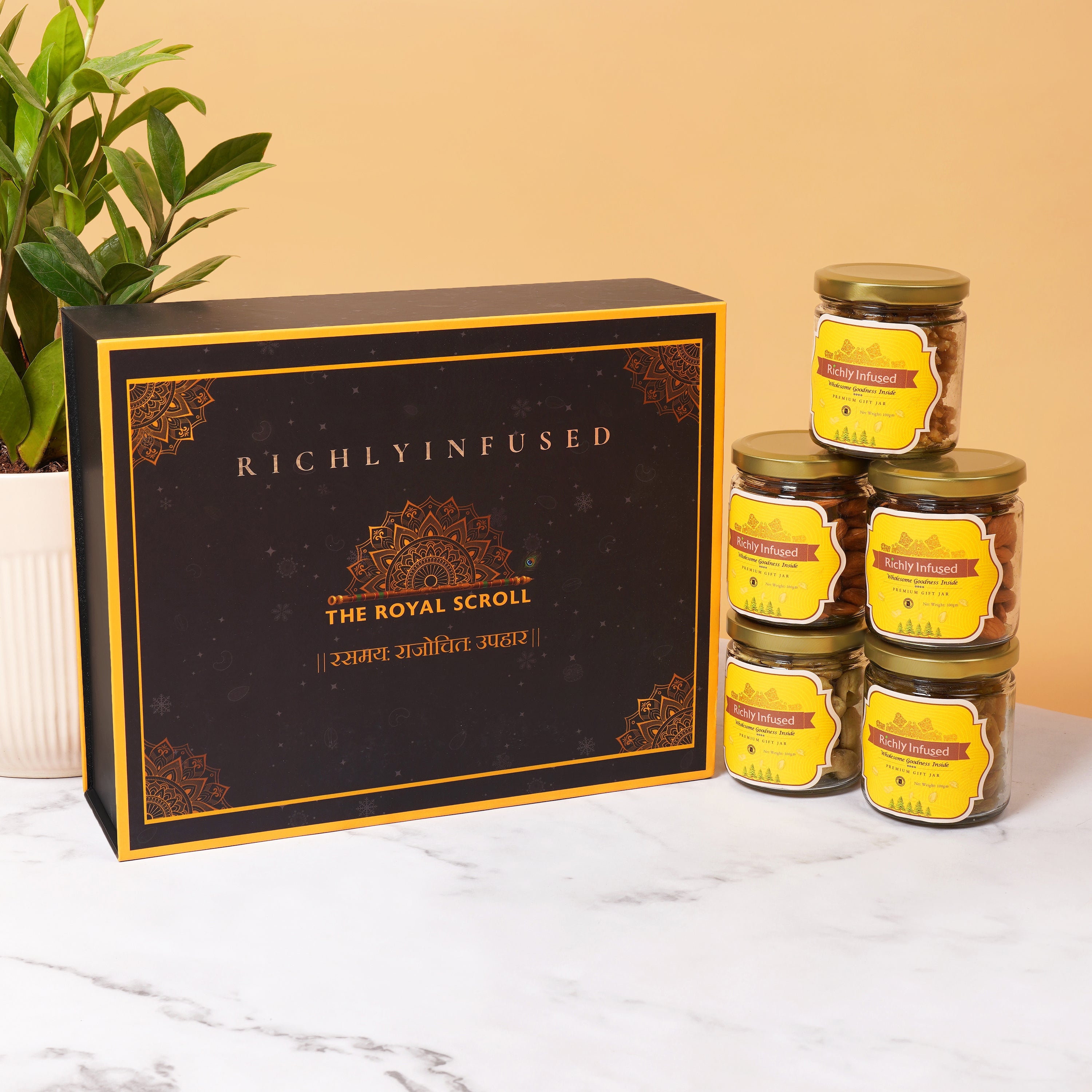 Richlyinfused product packaging with jars on a marble surface