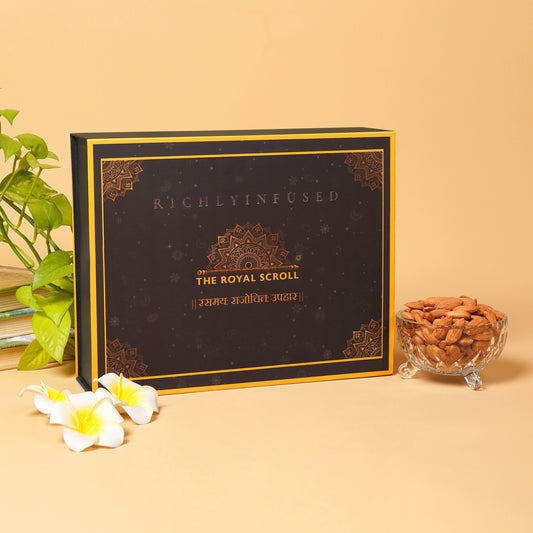 Decorative box labeled 'Richly Infused' with a bowl of nuts and flowers on a beige background